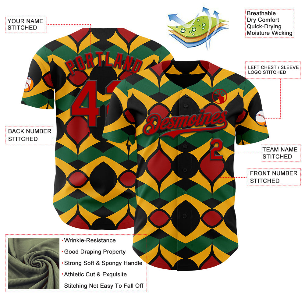 Custom Black Red Yellow-Green 3D Pattern Design Black History Month African Ethnicity Style Abstract Geometric Authentic Baseball Jersey