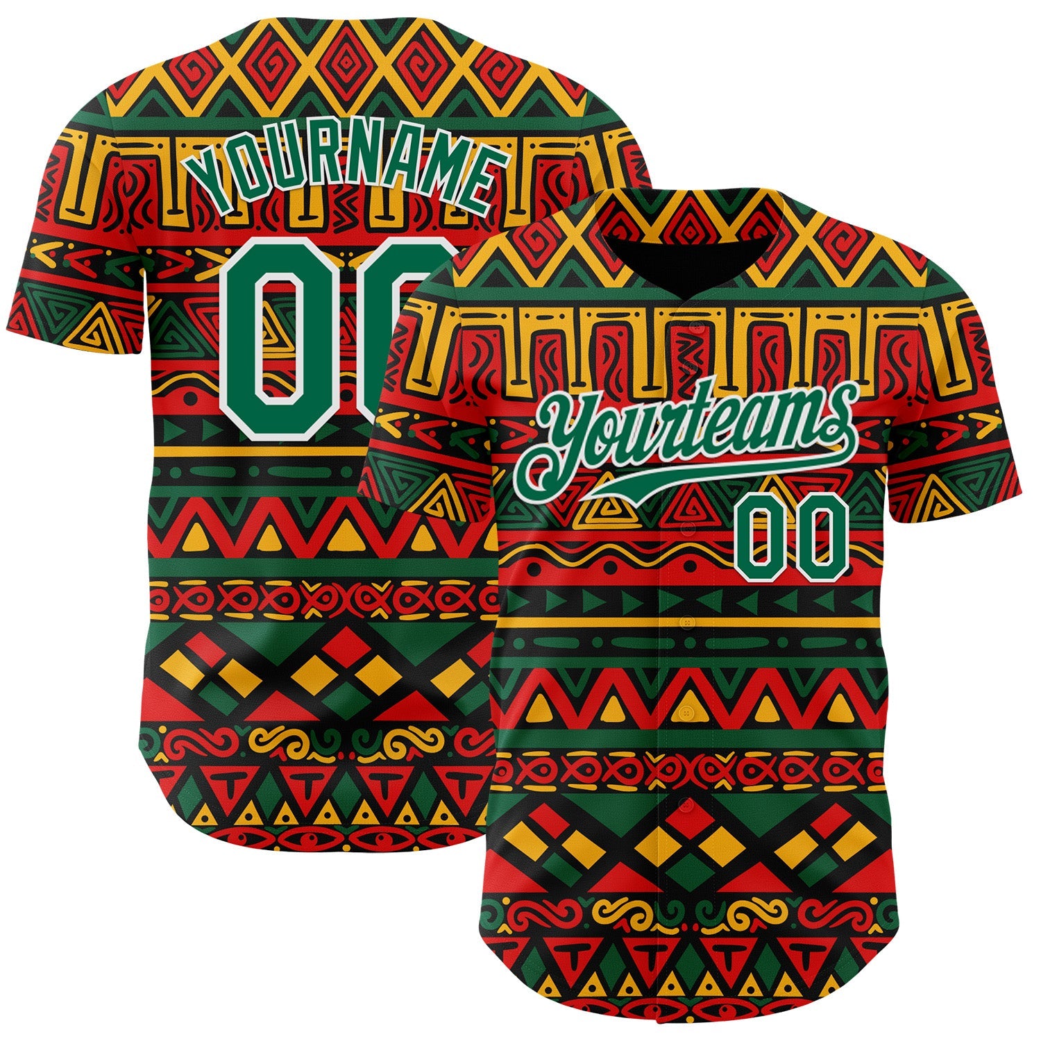 Custom Black Kelly Green Red Yellow-White 3D Pattern Design Black History Month African Ethnicity Style Abstract Geometric Authentic Baseball Jersey
