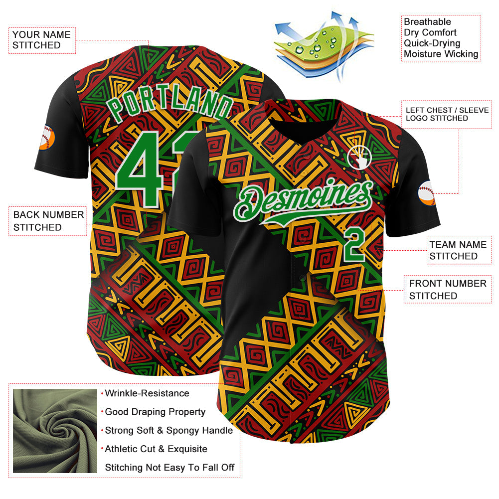 Custom Black Kelly Green Red Yellow-White 3D Pattern Design Black History Month African Ethnicity Style Abstract Geometric Authentic Baseball Jersey