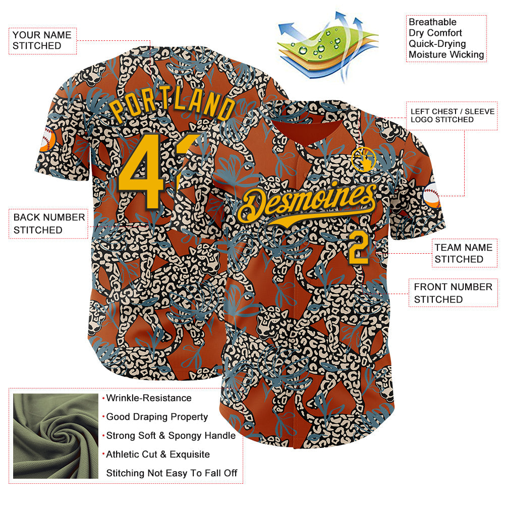 Custom Texas Orange Gold-Black 3D Pattern Design Black History Month Animal Leopard Authentic Baseball Jersey