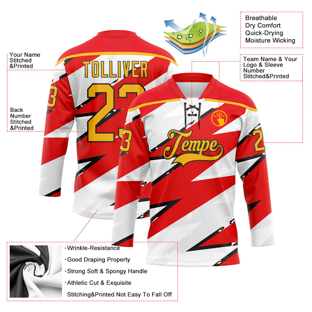 Custom Fire Red Gold Black-White 3D Pattern Lightning Hockey Lace Neck Jersey