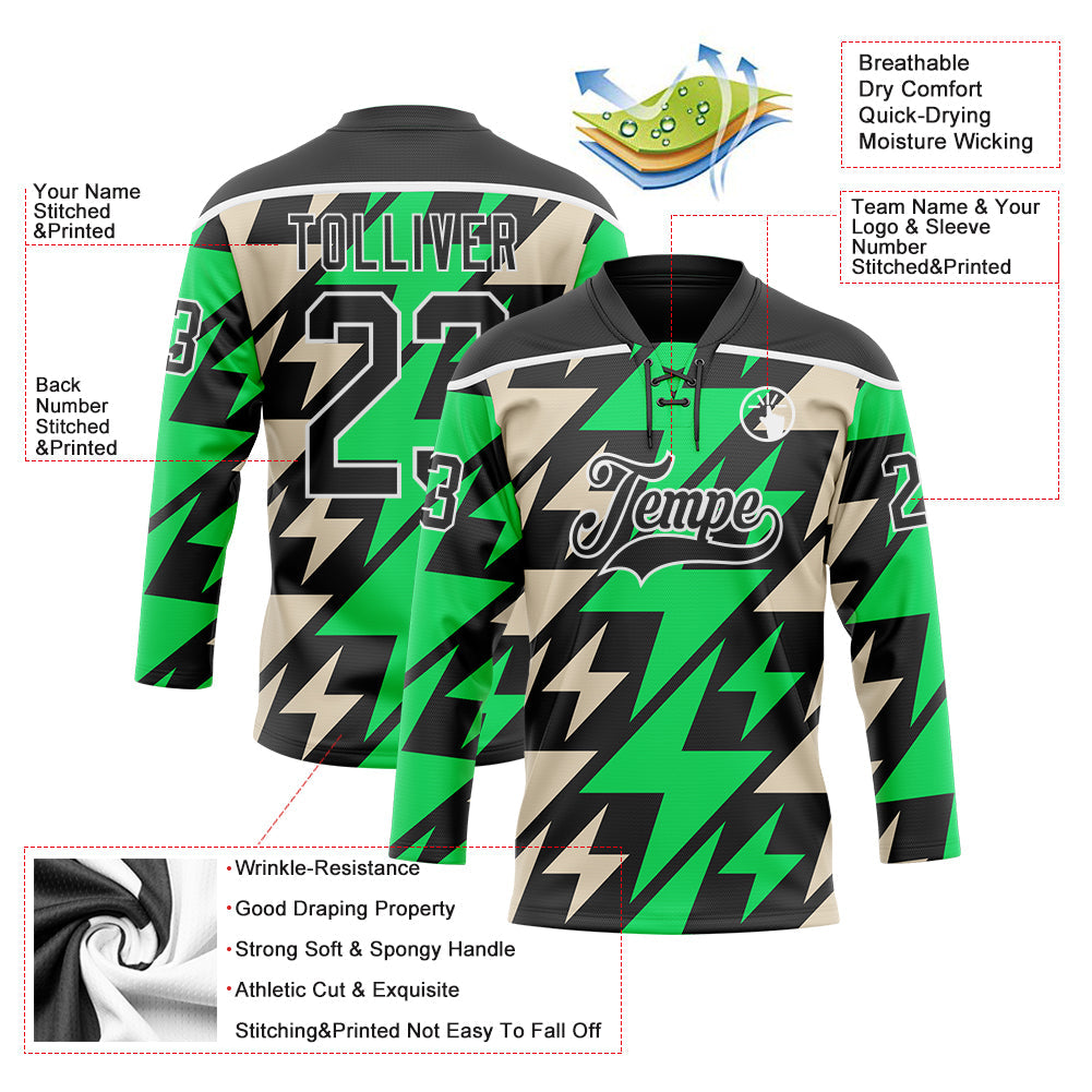 Custom Black Green Cream-White 3D Pattern Lightning Hockey Lace Neck Jersey