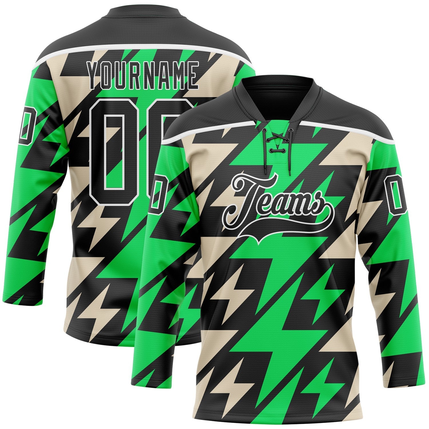 Custom Black Green Cream-White 3D Pattern Lightning Hockey Lace Neck Jersey