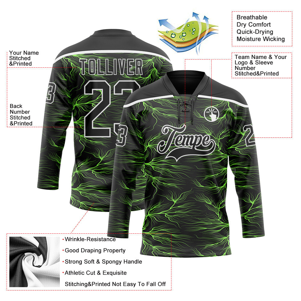 Custom Black Green-White 3D Pattern Lightning Hockey Lace Neck Jersey