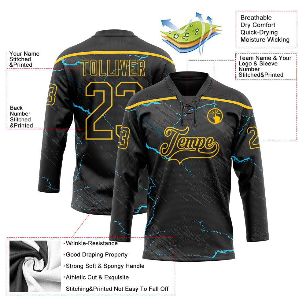 Custom Black Blue-Yellow 3D Pattern Lightning Hockey Lace Neck Jersey