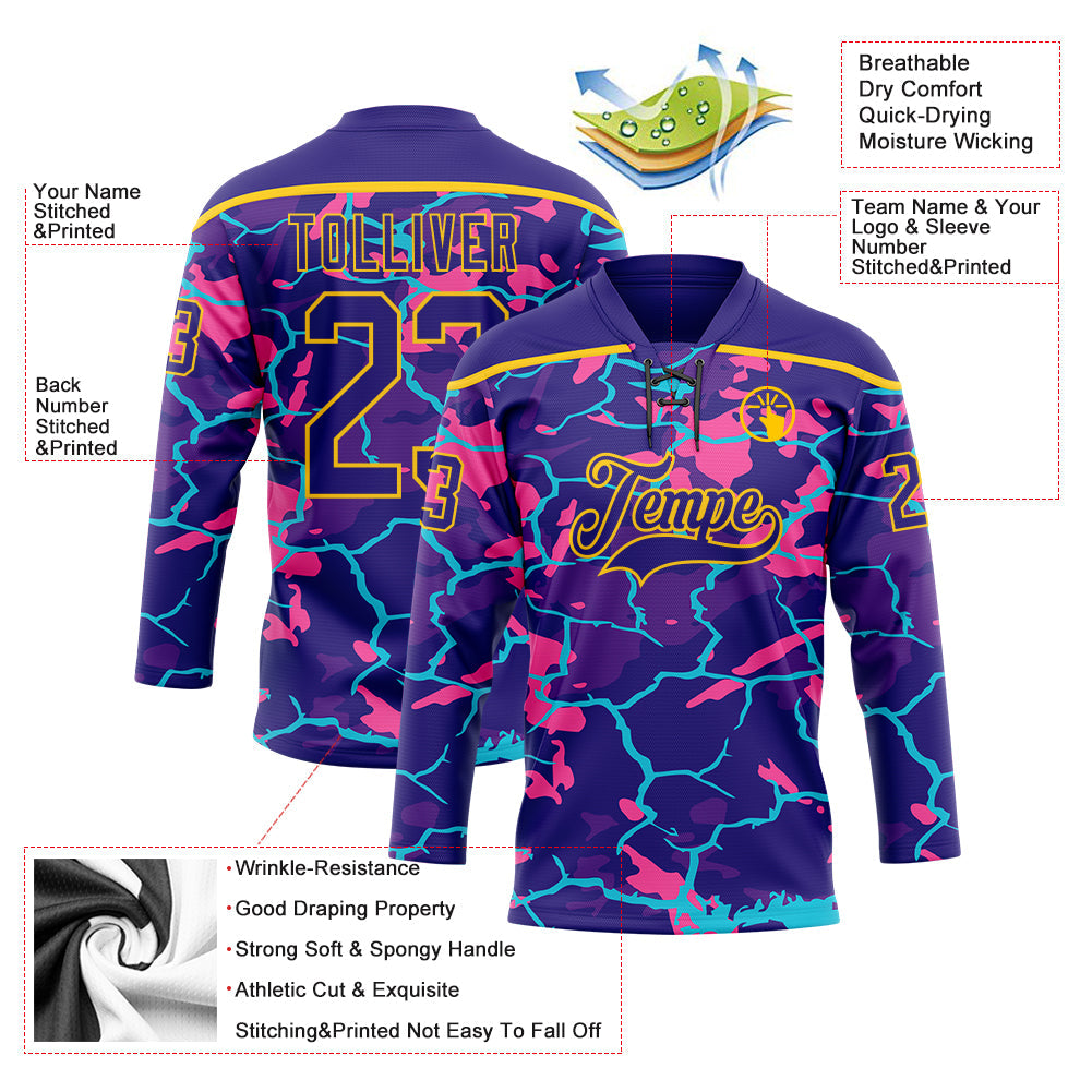 Custom Dark Purple Pink Blue-Yellow 3D Pattern Lightning Hockey Lace Neck Jersey