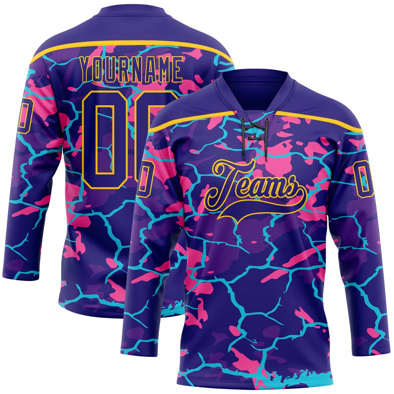 Custom Dark Purple Pink Blue-Yellow 3D Pattern Lightning Hockey Lace Neck Jersey