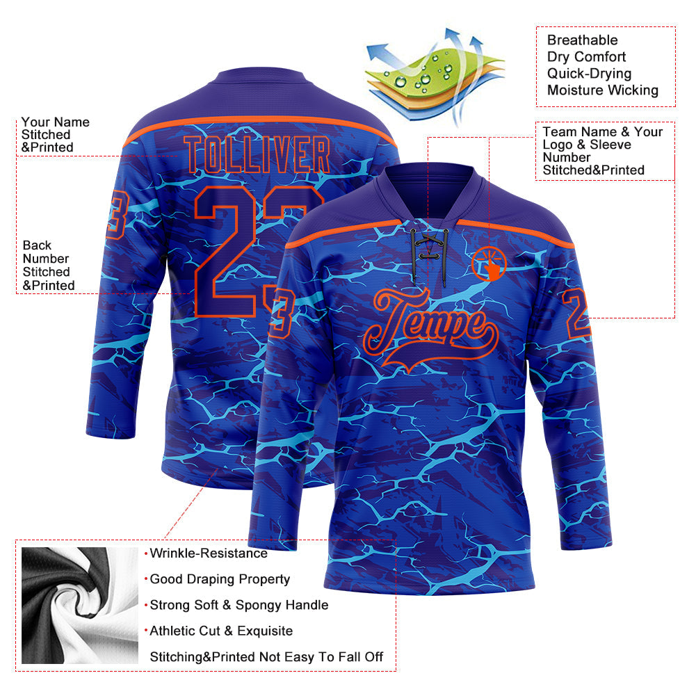 Custom Dark Purple Blue-Orange 3D Pattern Lightning Hockey Lace Neck Jersey
