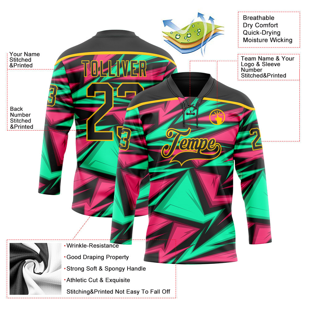 Custom Black Green Pink-Yellow 3D Pattern Lightning Hockey Lace Neck Jersey