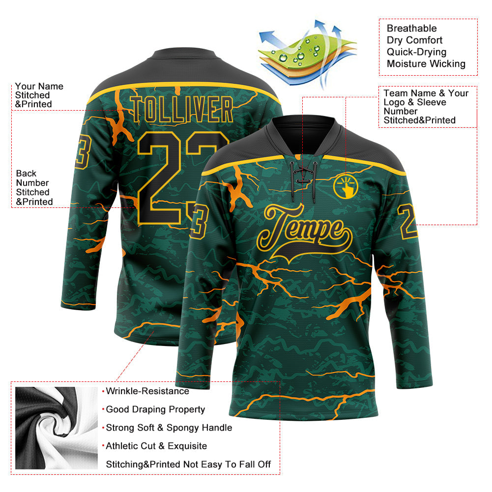 Custom Green Black Orange-Yellow 3D Pattern Lightning Hockey Lace Neck Jersey