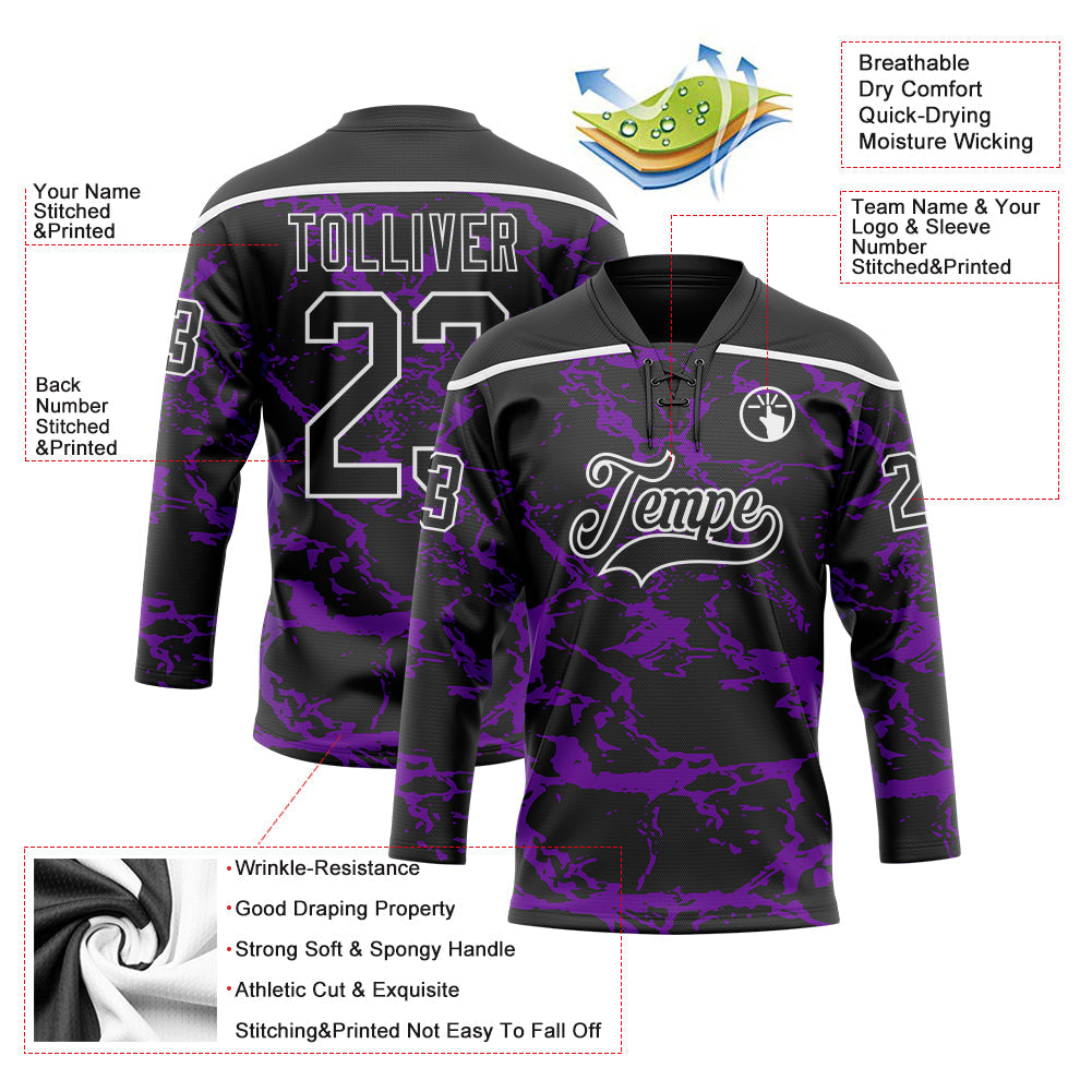 Custom Black Purple-White 3D Pattern Lightning Hockey Lace Neck Jersey