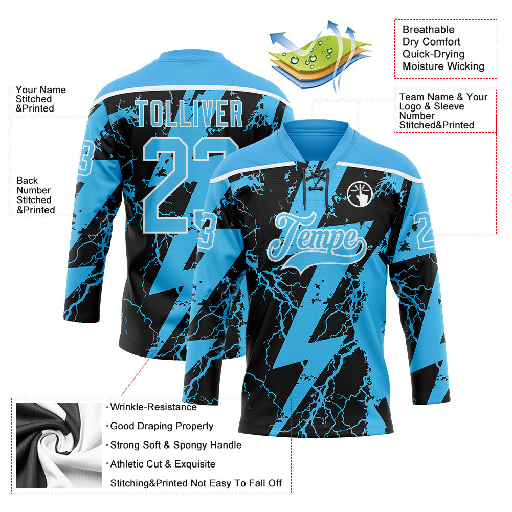 Custom Sky Blue Black-White 3D Pattern Lightning Hockey Lace Neck Jersey