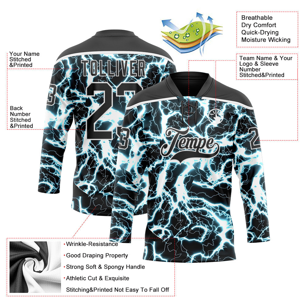Custom Black Blue-White 3D Pattern Lightning Hockey Lace Neck Jersey