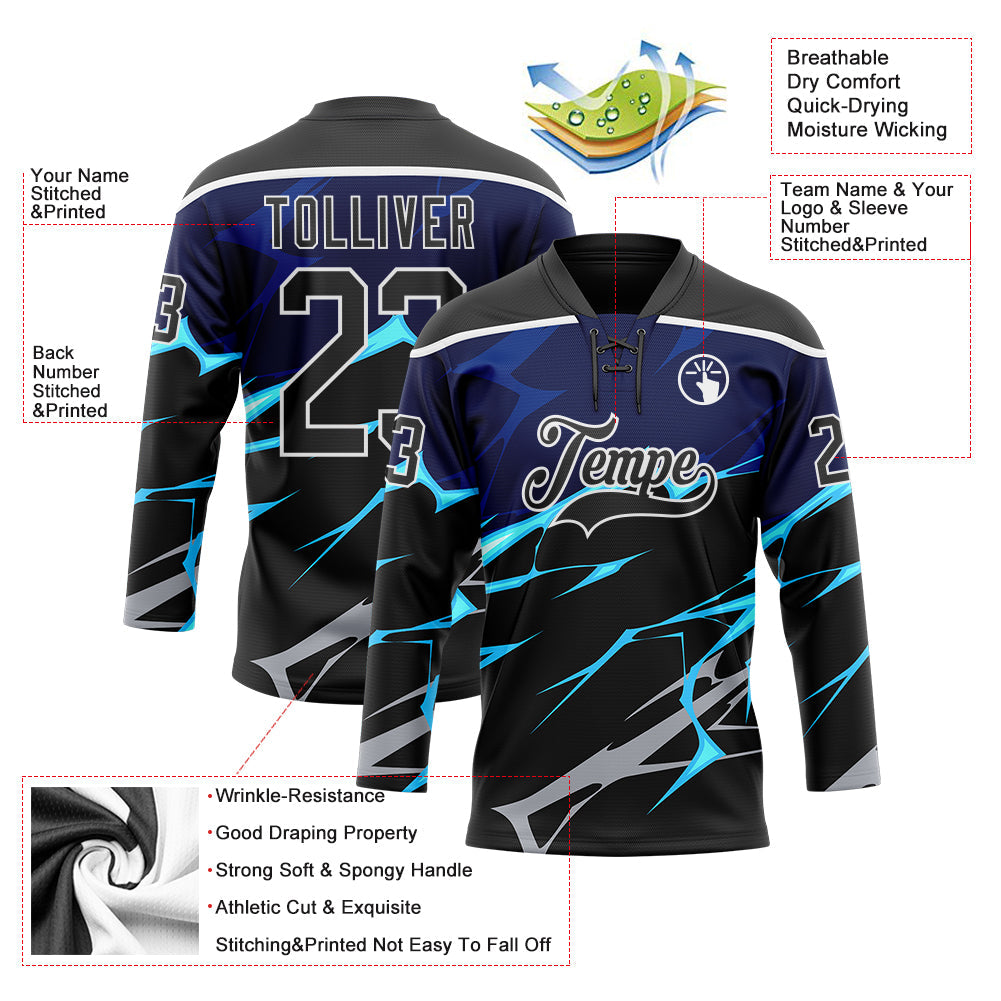 Custom Black Blue Gray-White 3D Pattern Lightning Hockey Lace Neck Jersey