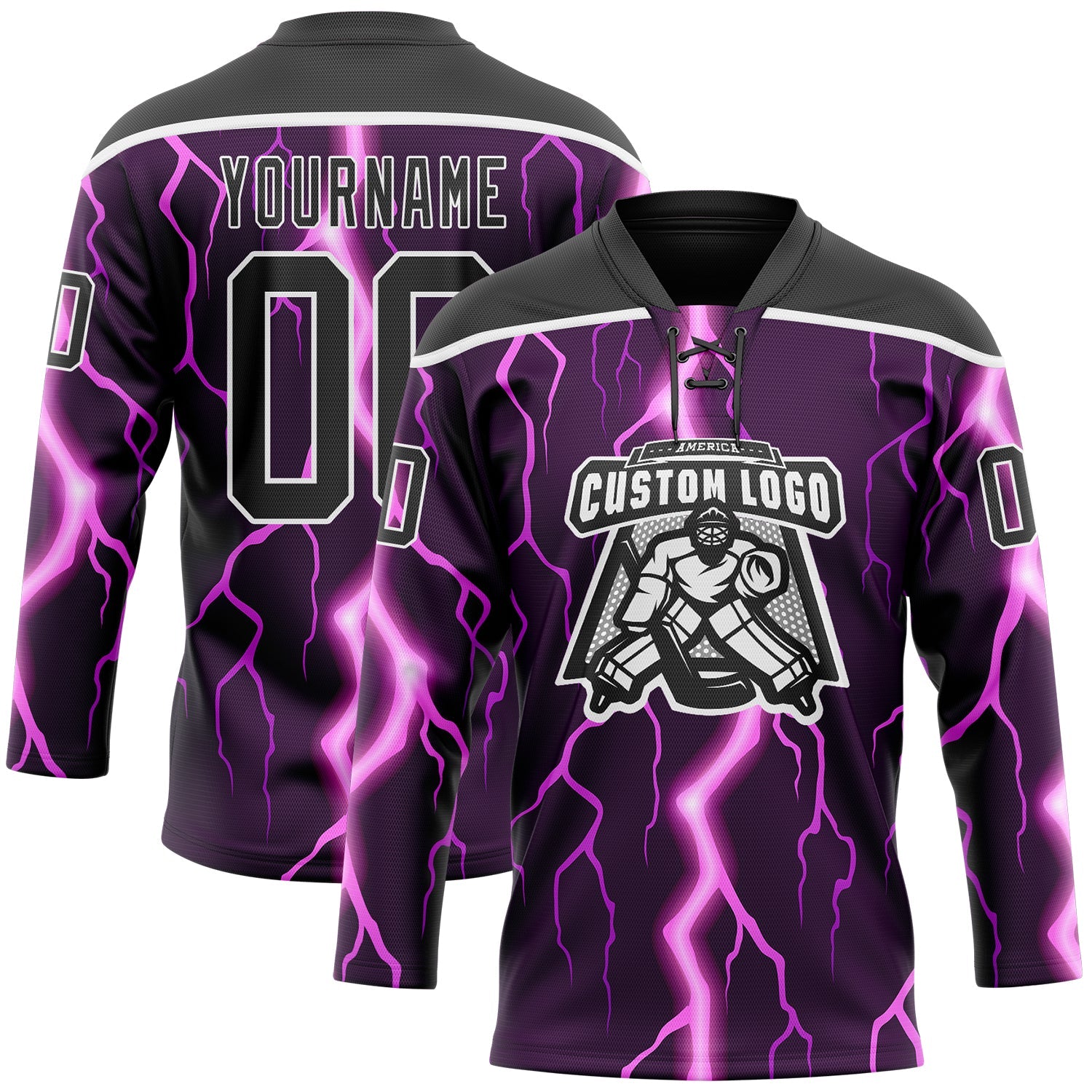 Custom Black Purple Pink-White 3D Pattern Lightning Hockey Lace Neck Jersey