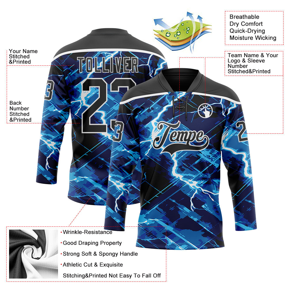 Custom Black Blue-White 3D Pattern Lightning Hockey Lace Neck Jersey