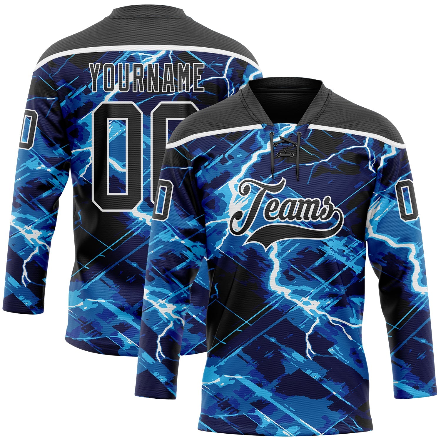 Custom Black Blue-White 3D Pattern Lightning Hockey Lace Neck Jersey