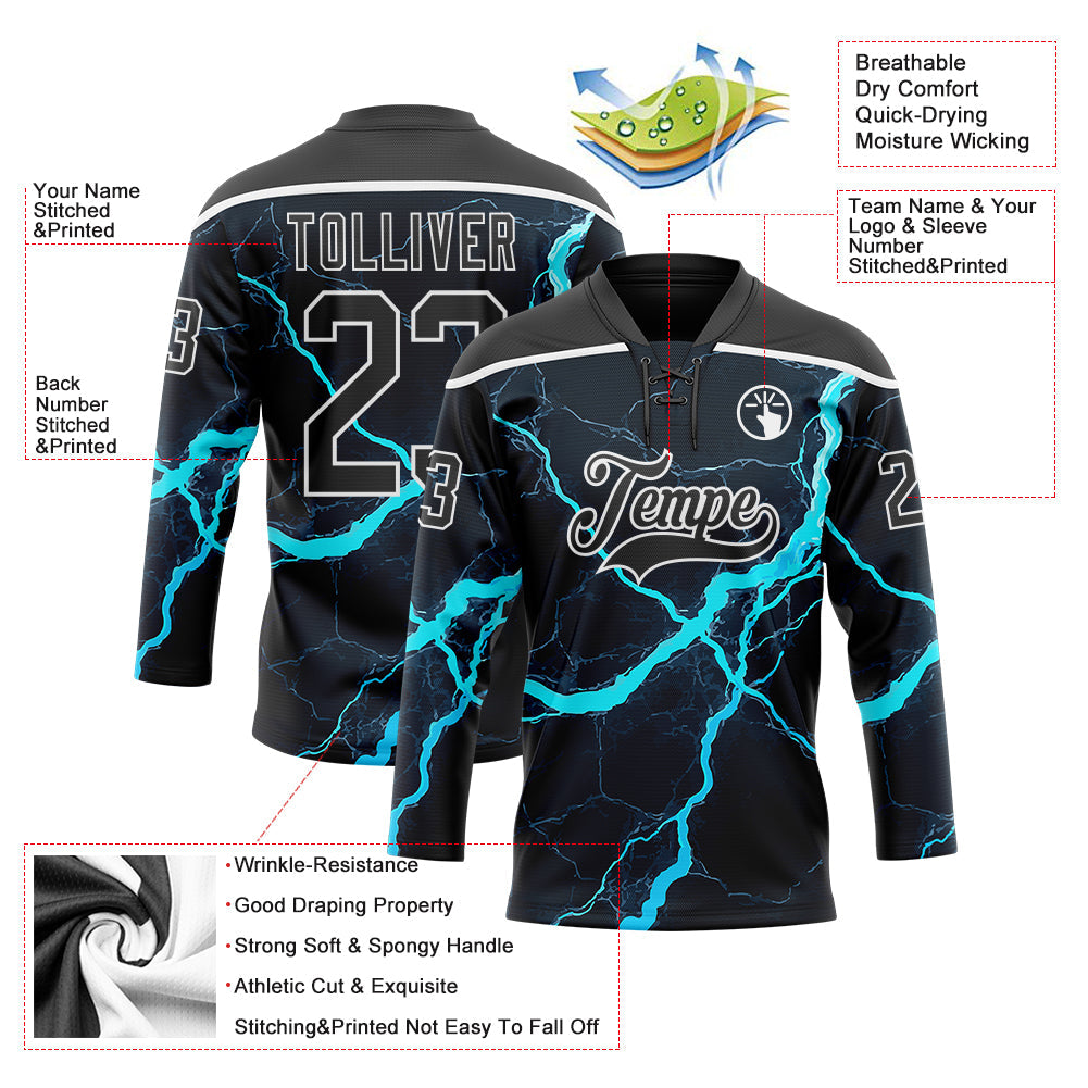 Custom Black Blue-White 3D Pattern Lightning Hockey Lace Neck Jersey