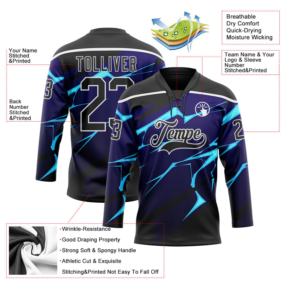Custom Black Blue-White 3D Pattern Lightning Hockey Lace Neck Jersey