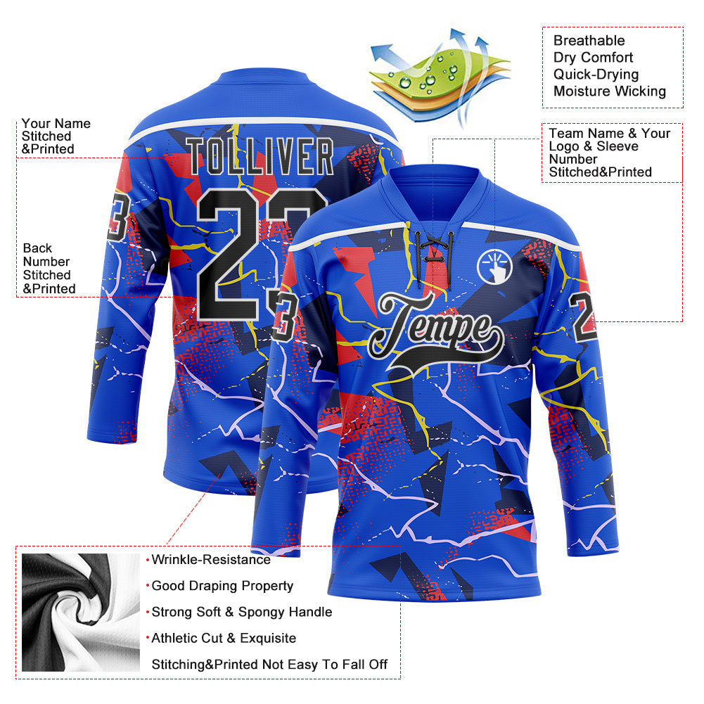 Custom Thunder Blue Black Red Yellow-White 3D Pattern Lightning Hockey Lace Neck Jersey