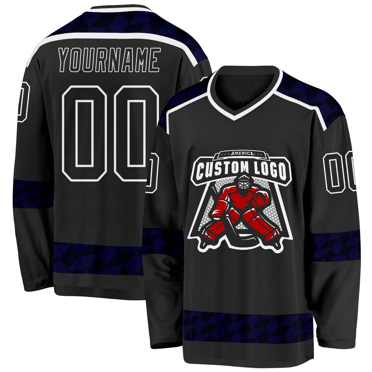 Custom Black Blue-White 3D Pattern Plaid Hockey Jersey