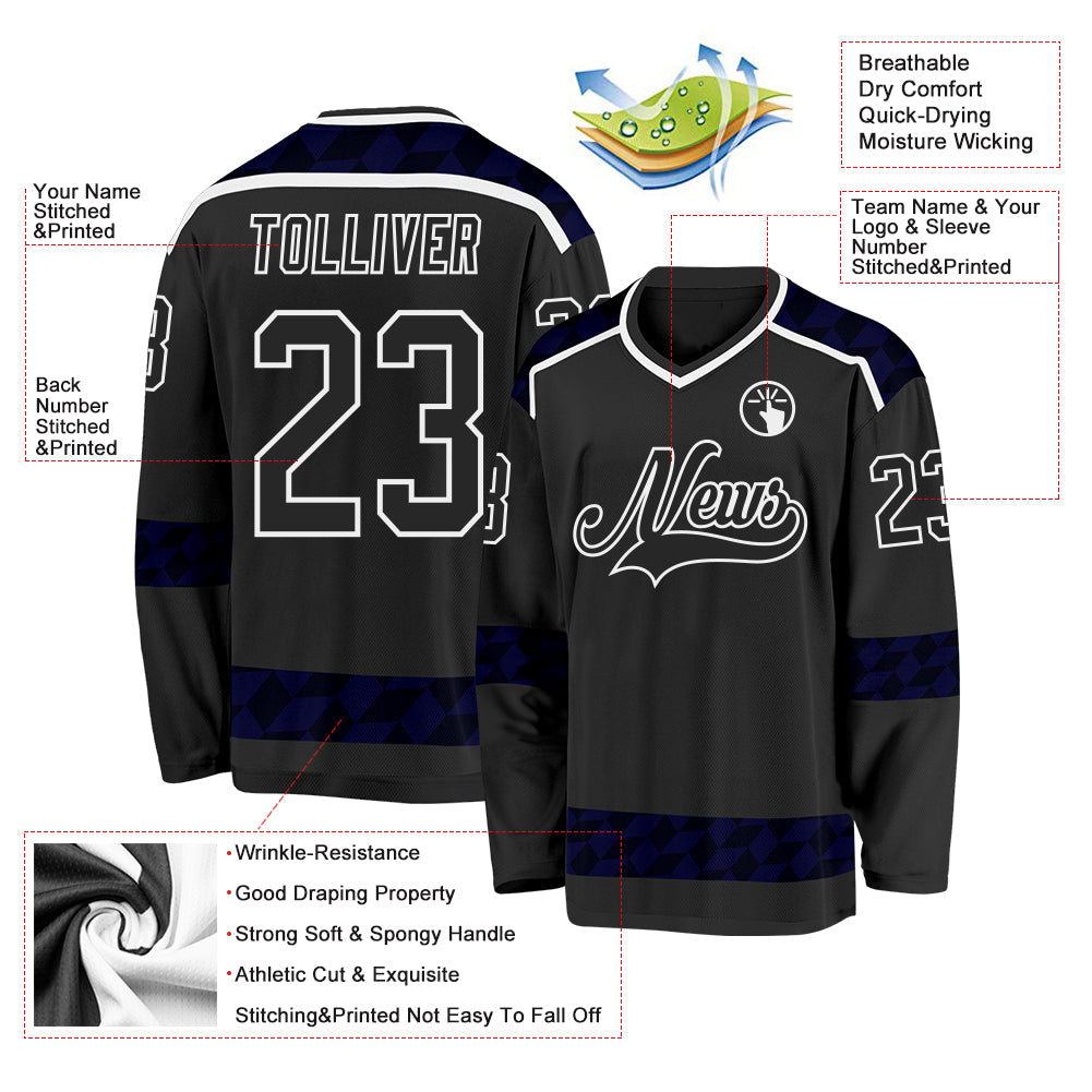 Custom Black Blue-White 3D Pattern Plaid Hockey Jersey