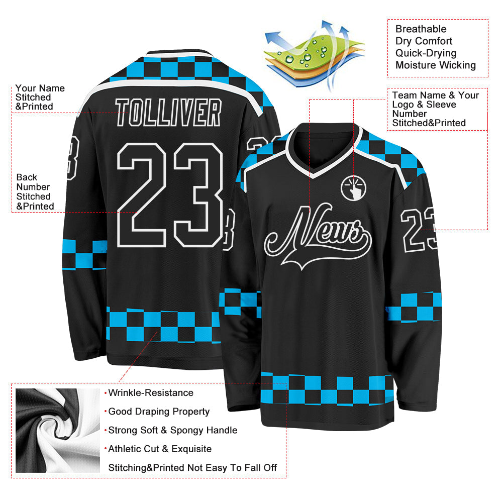 Custom Black Blue-White 3D Pattern Plaid Hockey Jersey