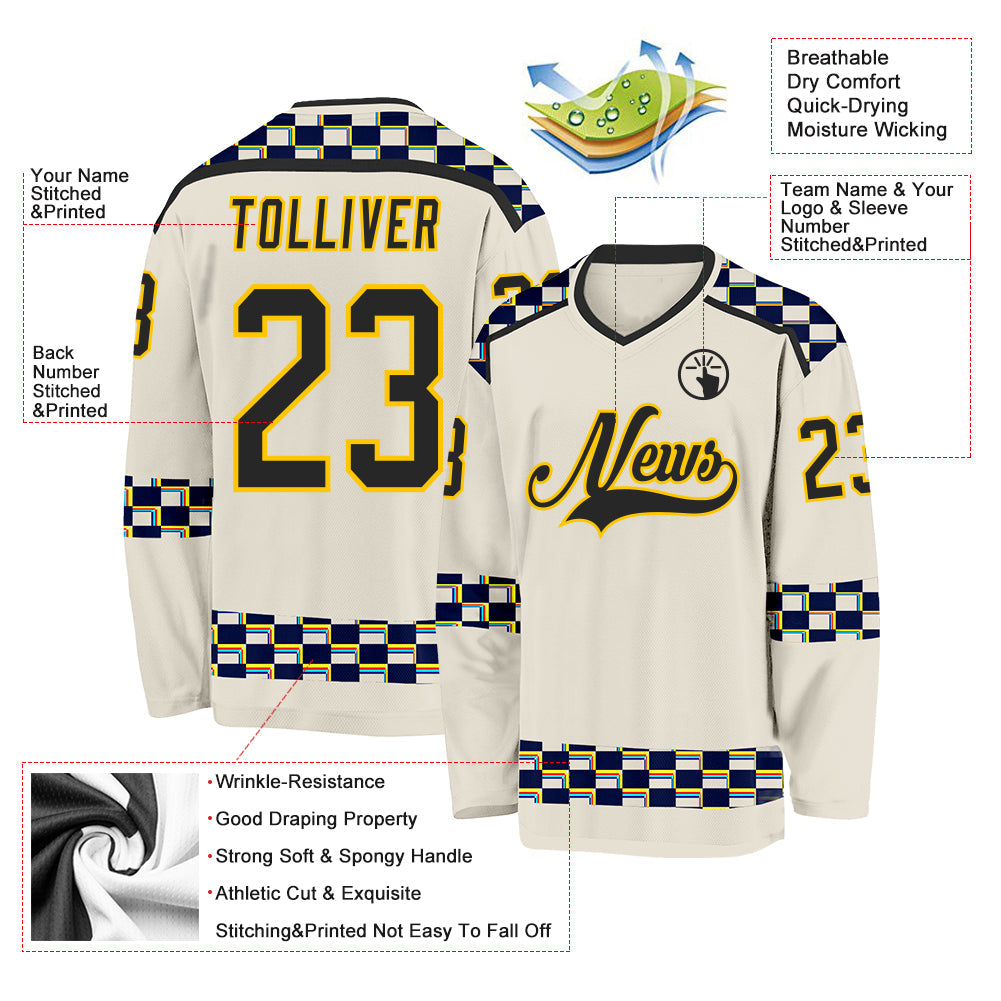 Custom Cream Black Yellow Red-Blue 3D Pattern Plaid Hockey Jersey