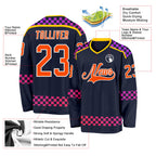 Custom Navy Orange Purple Pink-White 3D Pattern Plaid Hockey Jersey