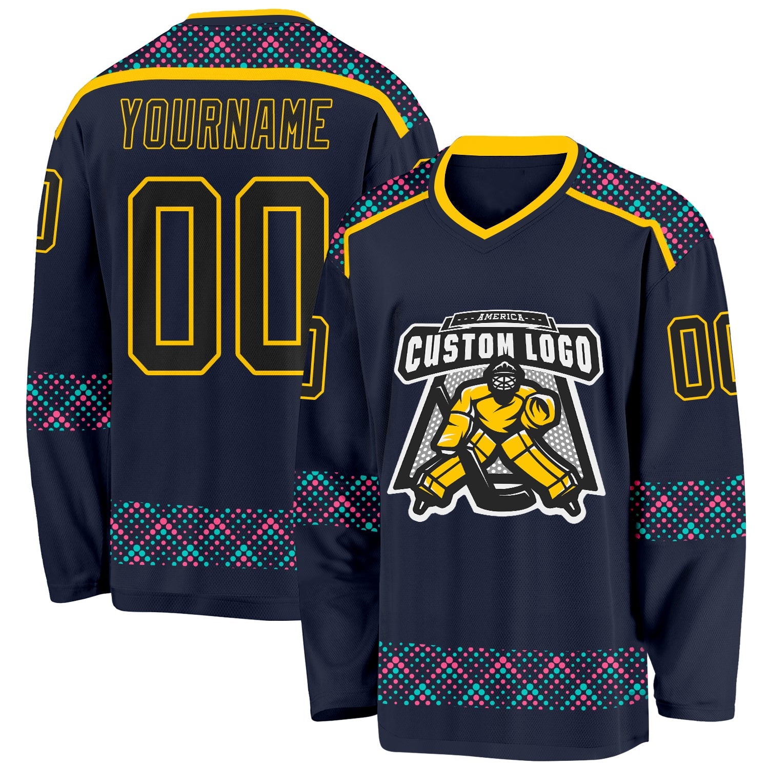 Custom Navy Black Yellow Pink-Ice Blue 3D Pattern Plaid Hockey Jersey