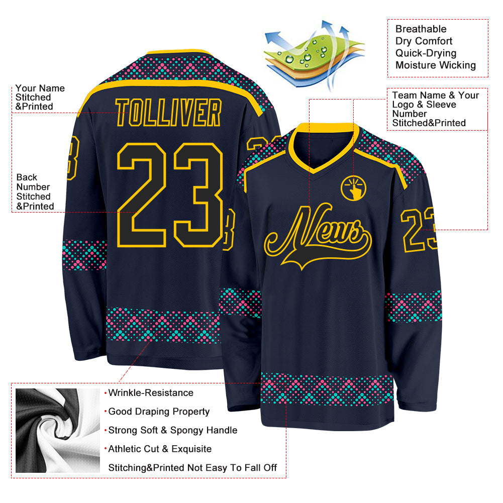 Custom Navy Black Yellow Pink-Ice Blue 3D Pattern Plaid Hockey Jersey