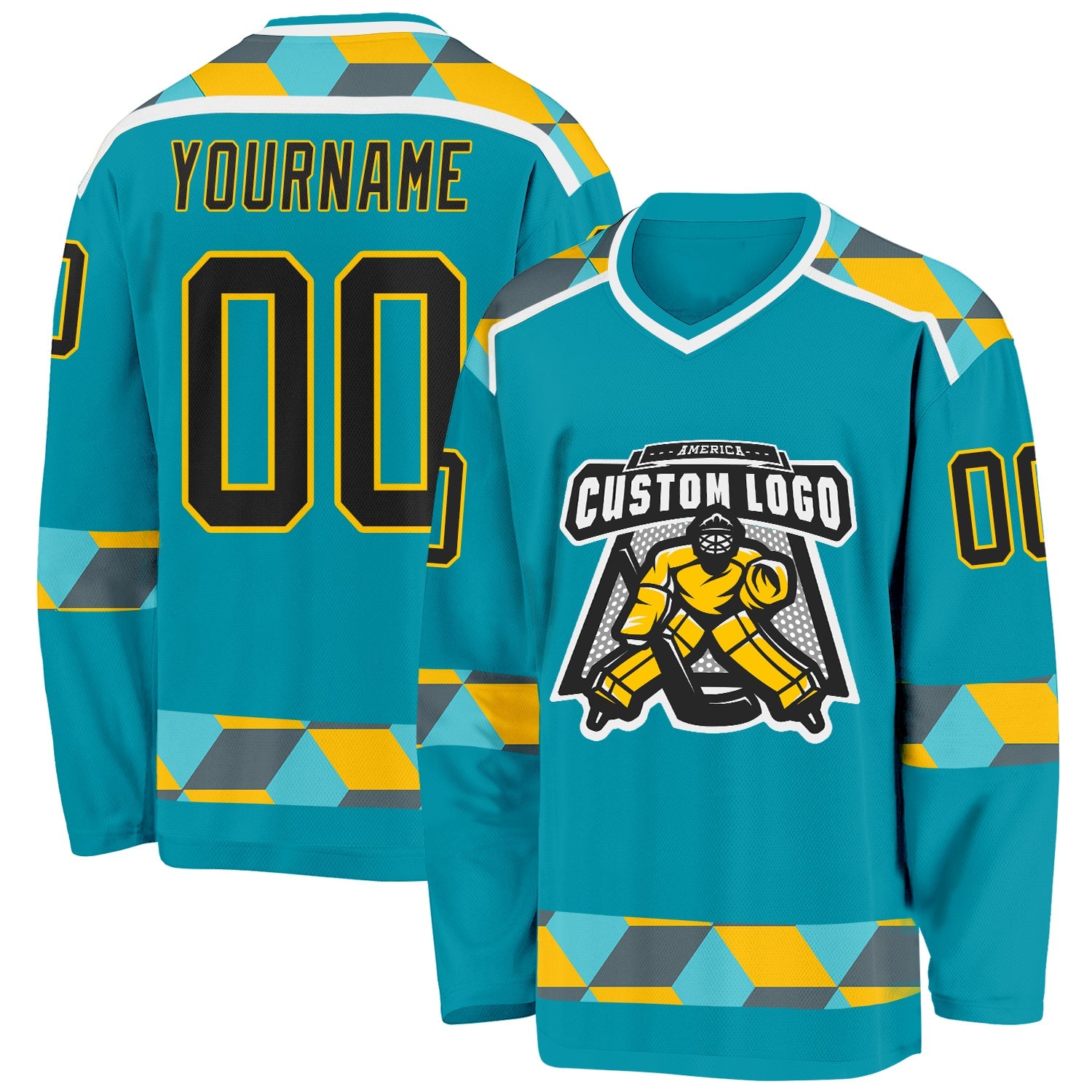 Custom Teal Black Yellow Gray-White 3D Pattern Plaid Hockey Jersey