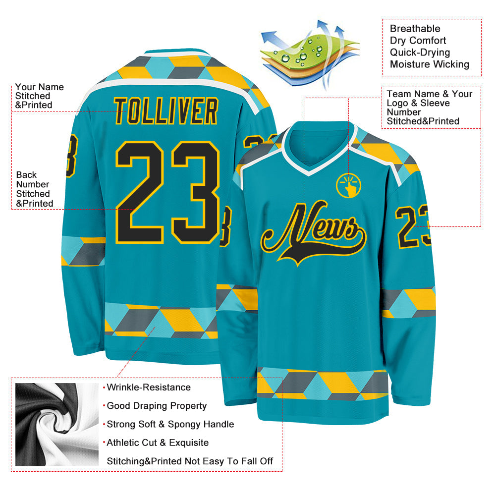 Custom Teal Black Yellow Gray-White 3D Pattern Plaid Hockey Jersey