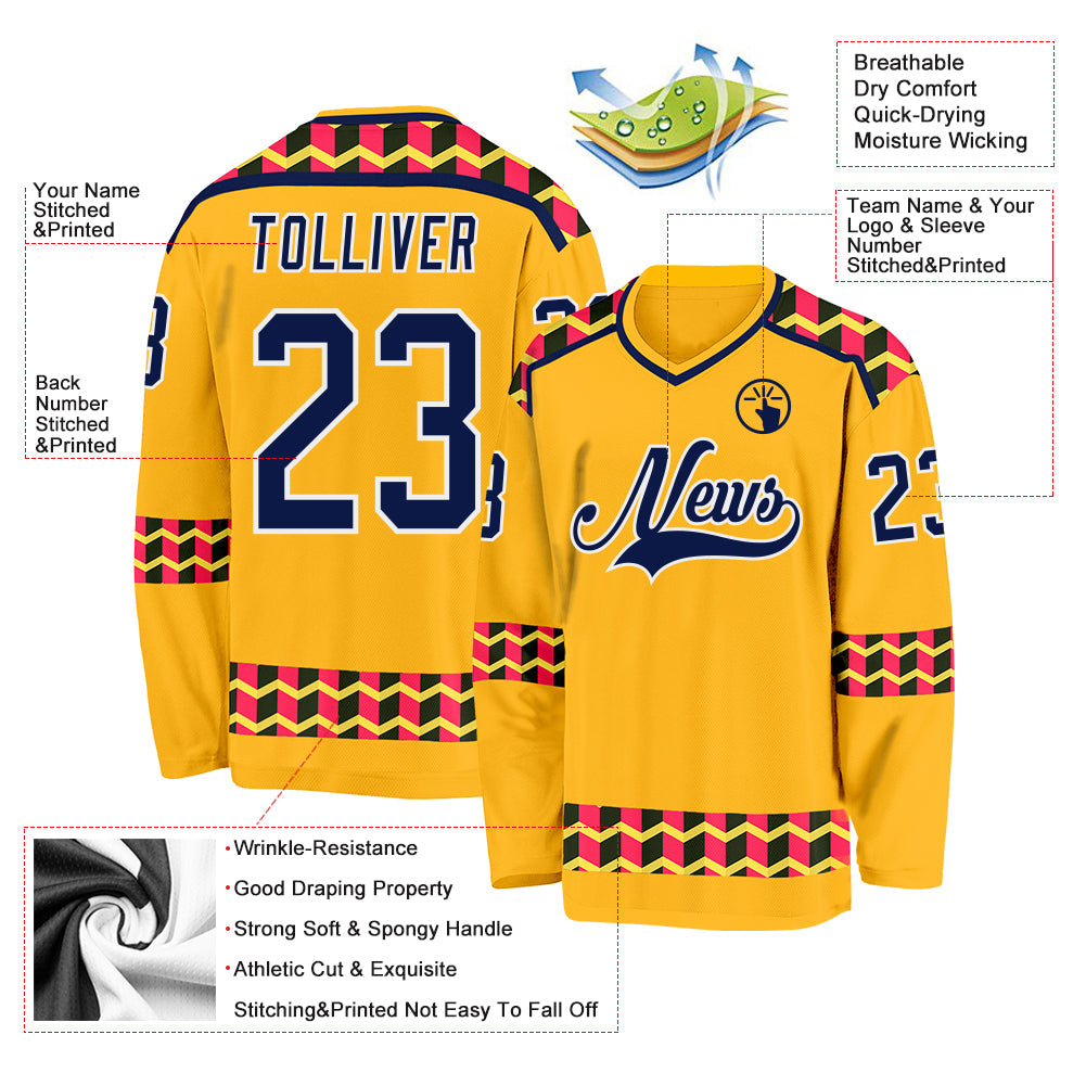 Custom Gold Navy Pink Black-White 3D Pattern Plaid Hockey Jersey