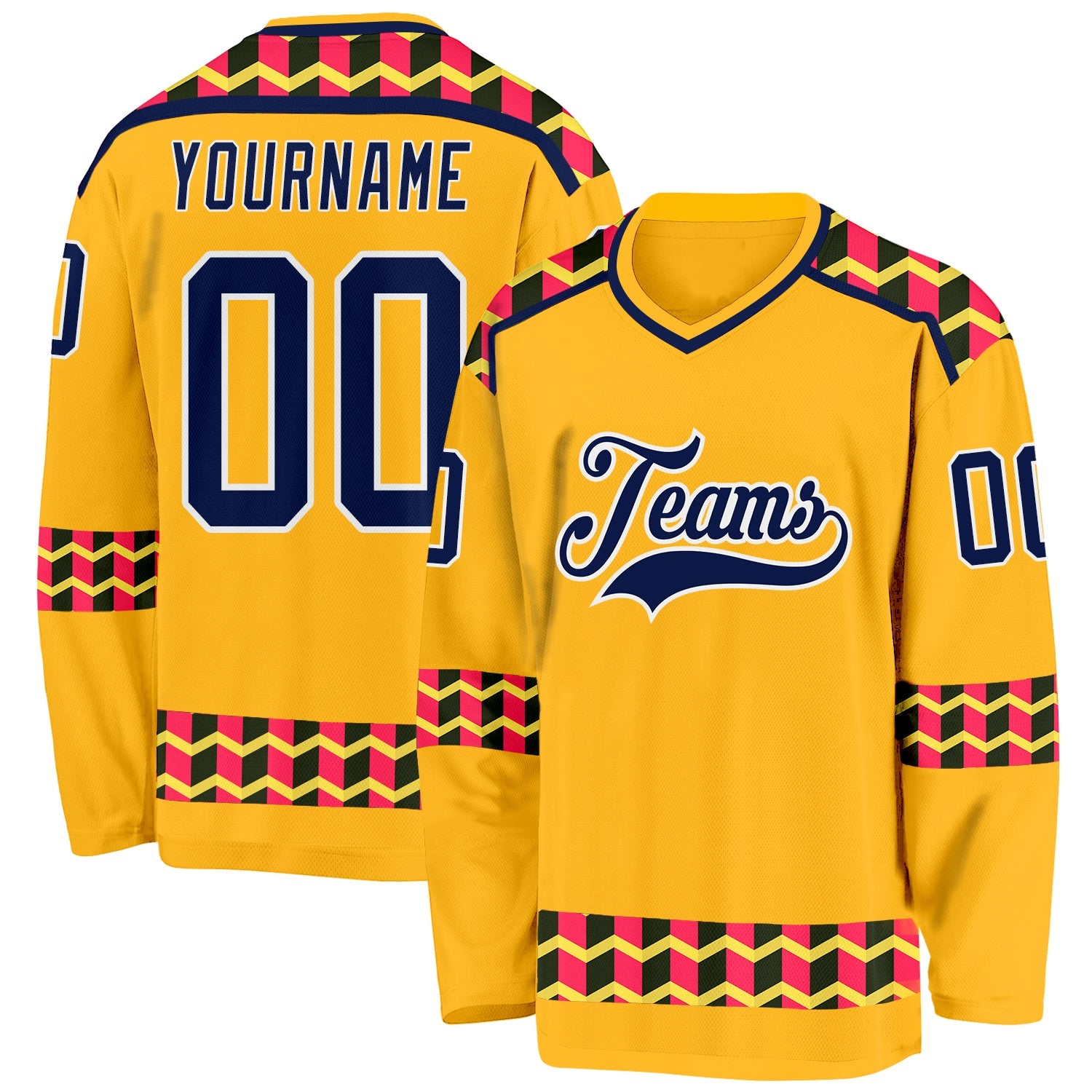 Custom Gold Navy Pink Black-White 3D Pattern Plaid Hockey Jersey