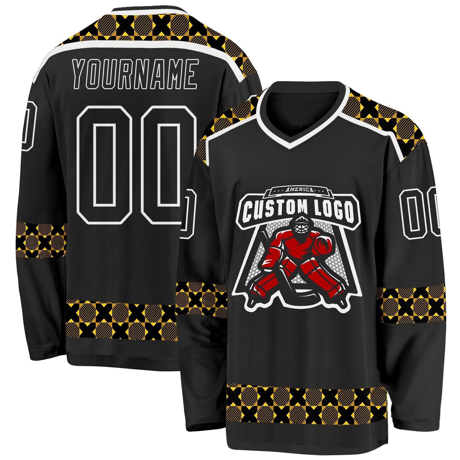 Custom Black Yellow-White 3D Pattern Plaid Hockey Jersey