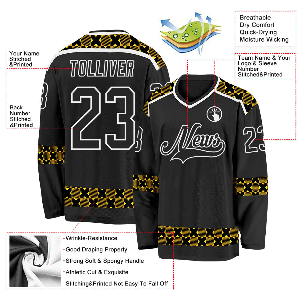 Custom Black Yellow-White 3D Pattern Plaid Hockey Jersey