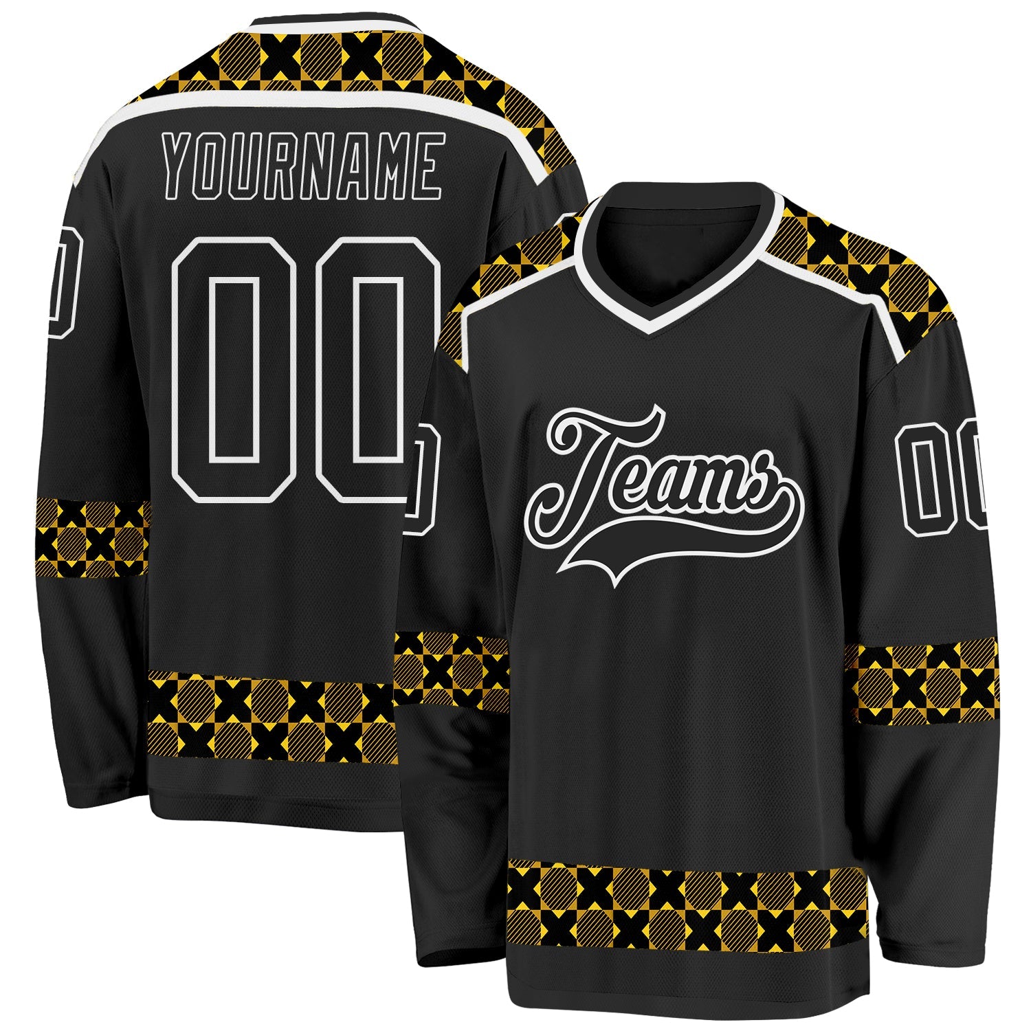 Custom Black Yellow-White 3D Pattern Plaid Hockey Jersey