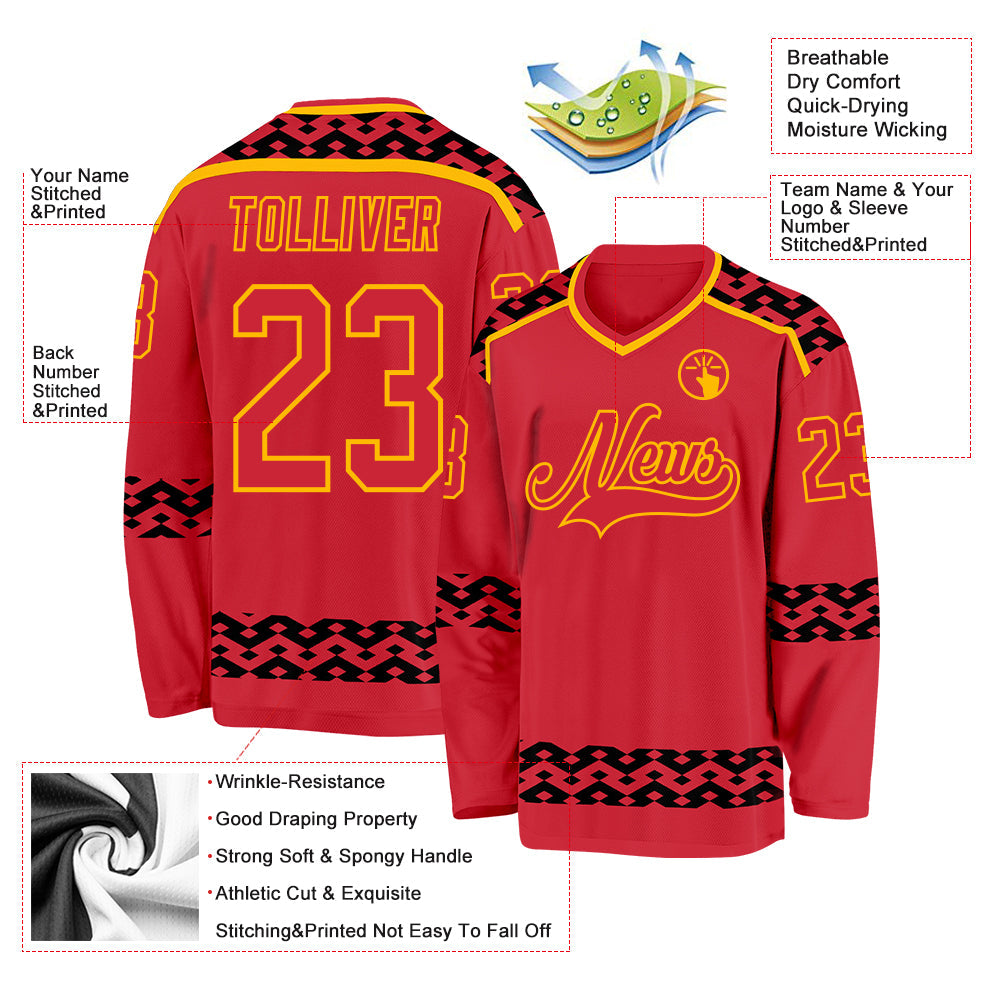 Custom Red Black-Gold 3D Pattern Plaid Hockey Jersey
