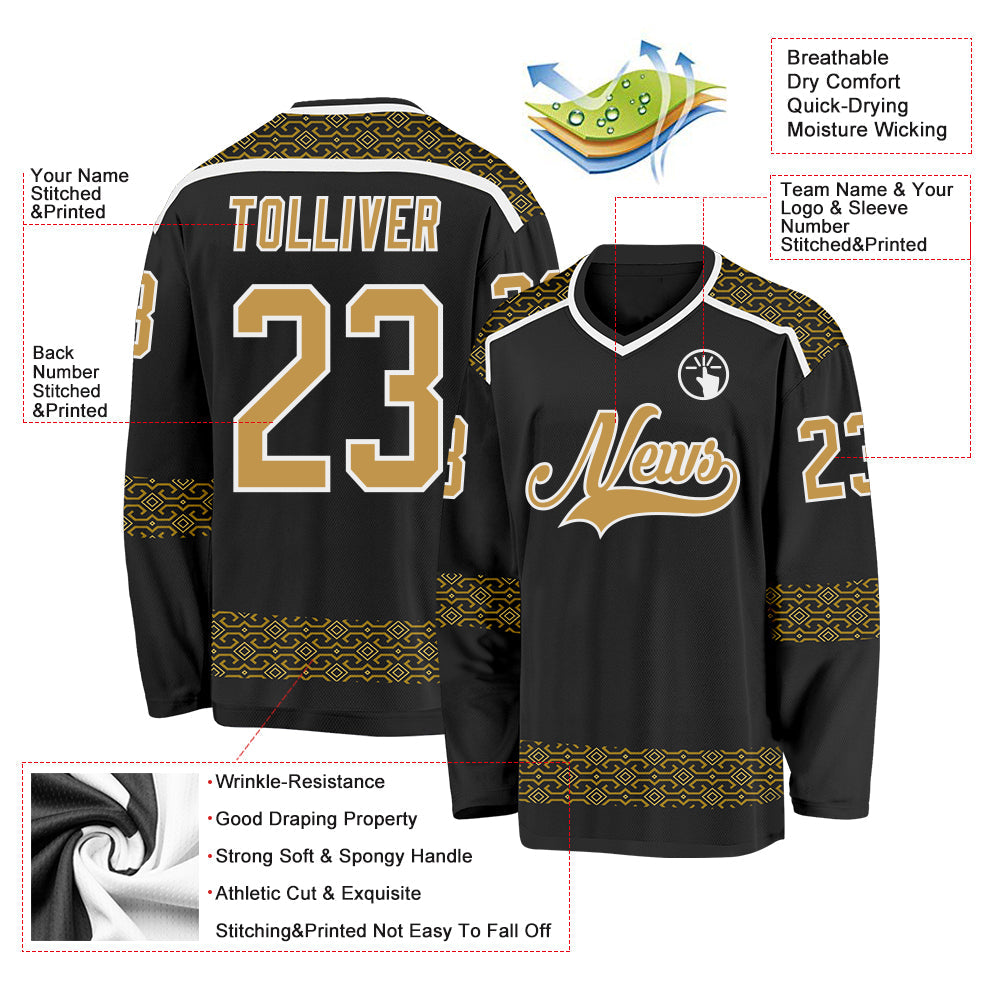 Custom Black Old Gold-White 3D Pattern Plaid Hockey Jersey