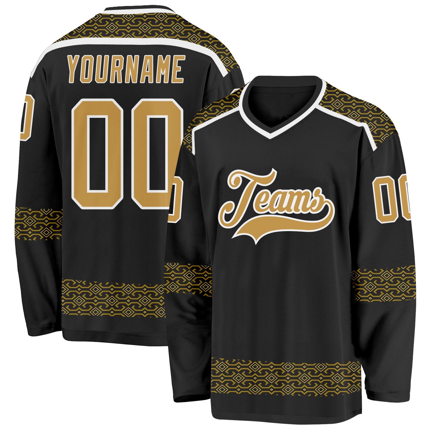 Custom Black Old Gold-White 3D Pattern Plaid Hockey Jersey
