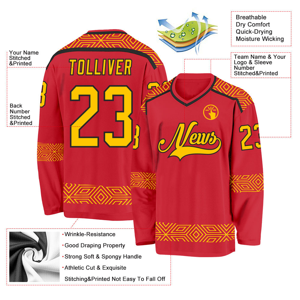 Custom Red Yellow-Black 3D Pattern Plaid Hockey Jersey