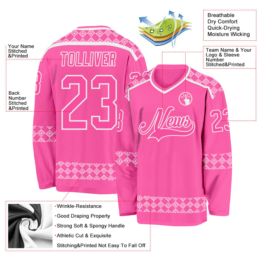 Custom Pink White 3D Pattern Plaid Hockey Jersey