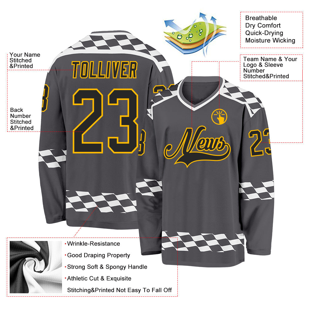 Custom Steel Gray Black Gold-White 3D Pattern Plaid Hockey Jersey