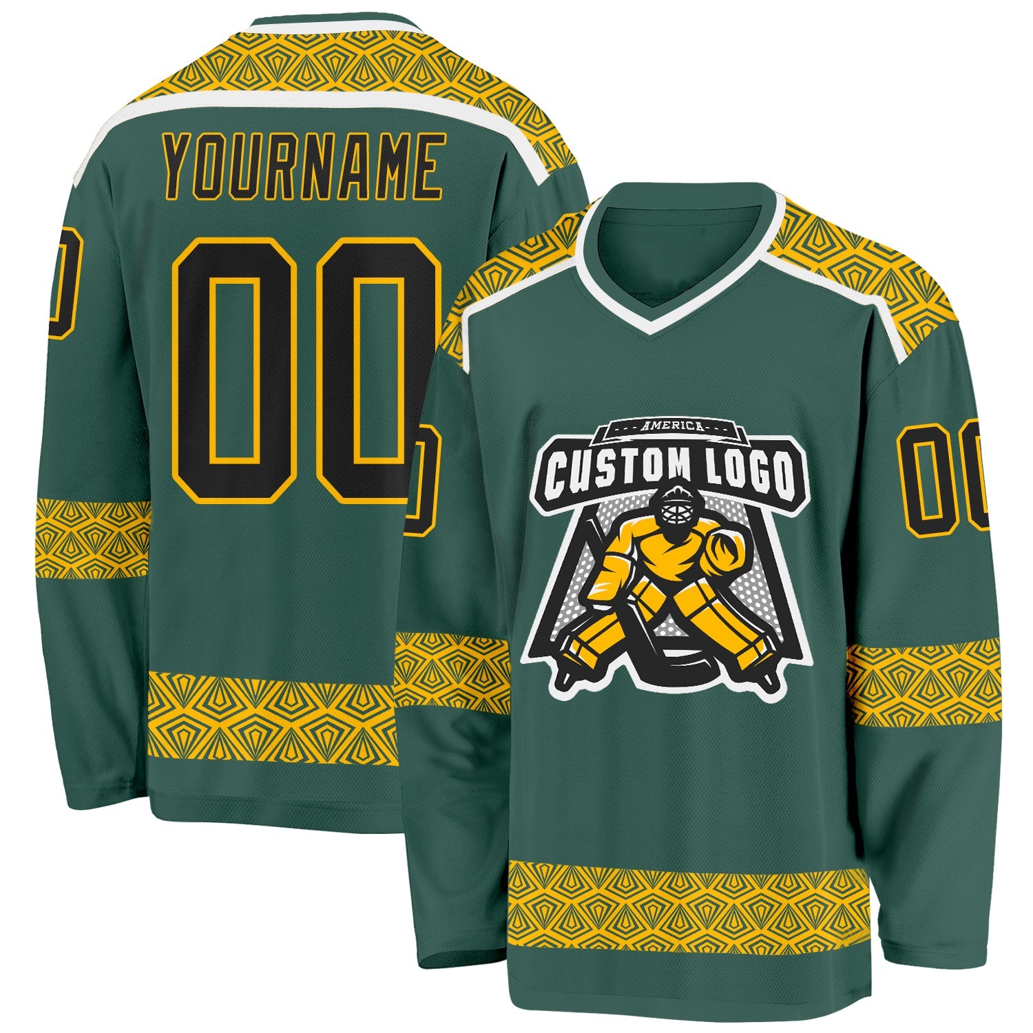 Custom Green Black Gold-White 3D Pattern Plaid Hockey Jersey