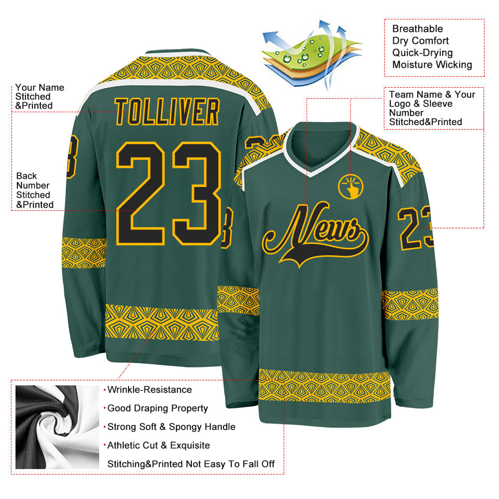 Custom Green Black Gold-White 3D Pattern Plaid Hockey Jersey