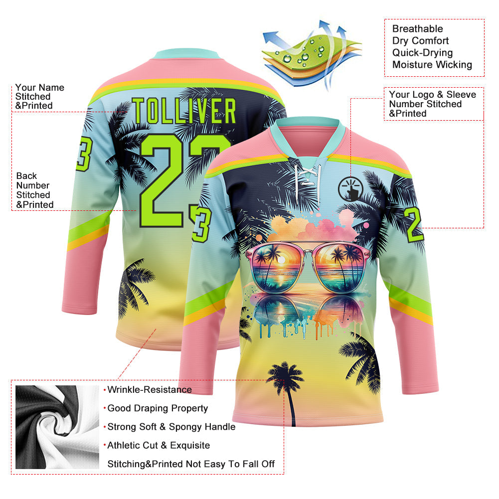 Custom Medium Pink Neon Green Yellow-Black 3D Pattern Gradient Hawaii Tropical Palm Trees Hockey Lace Neck Jersey