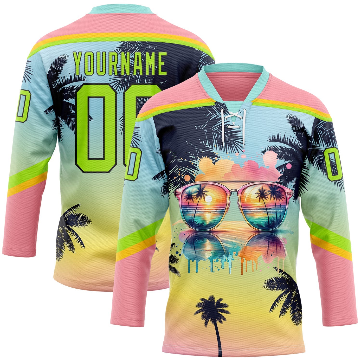 Custom Medium Pink Neon Green Yellow-Black 3D Pattern Gradient Hawaii Tropical Palm Trees Hockey Lace Neck Jersey