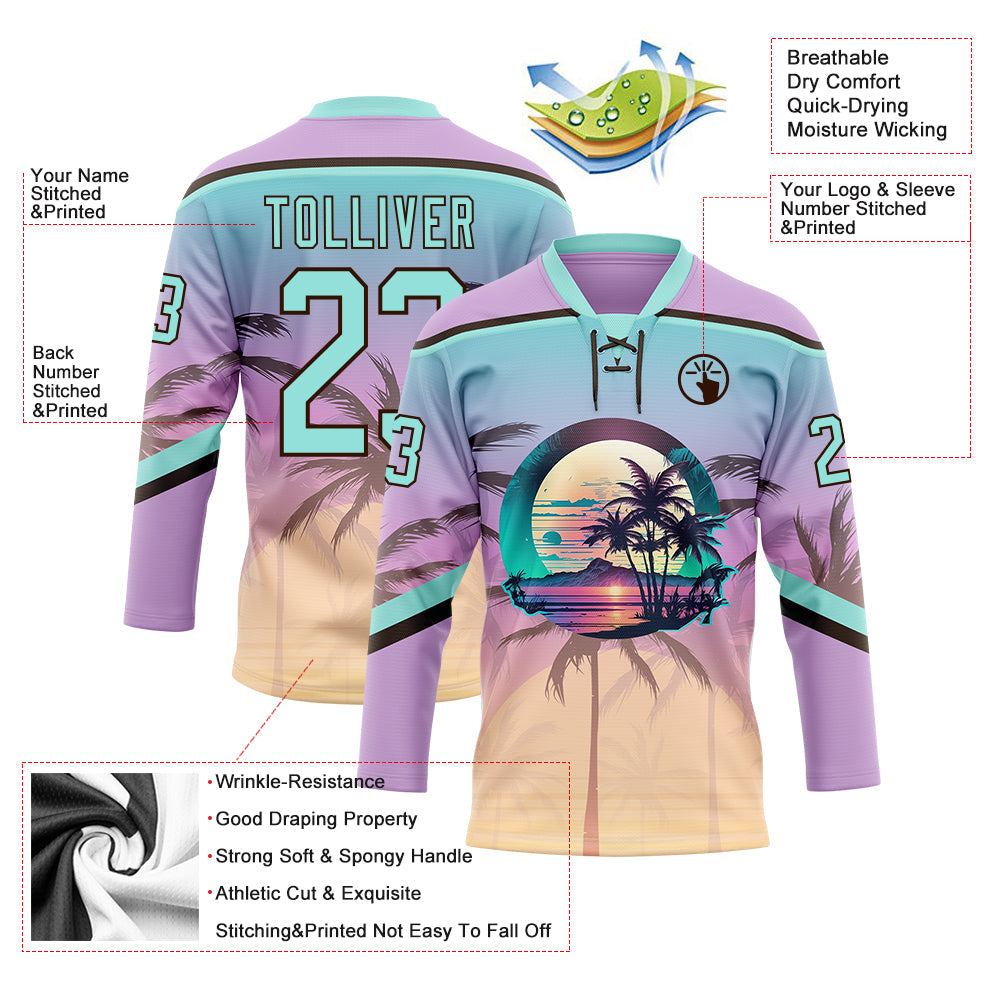 Custom Light Purple Ice Blue-Brown 3D Pattern Gradient Hawaii Tropical Palm Trees Hockey Lace Neck Jersey