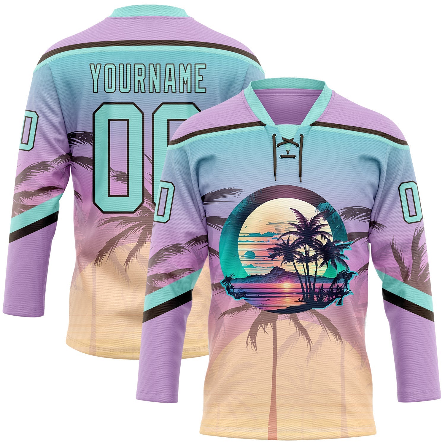 Custom Light Purple Ice Blue-Brown 3D Pattern Gradient Hawaii Tropical Palm Trees Hockey Lace Neck Jersey